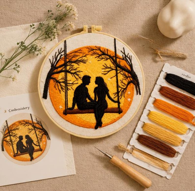 Finished couple moon embroidery close-up