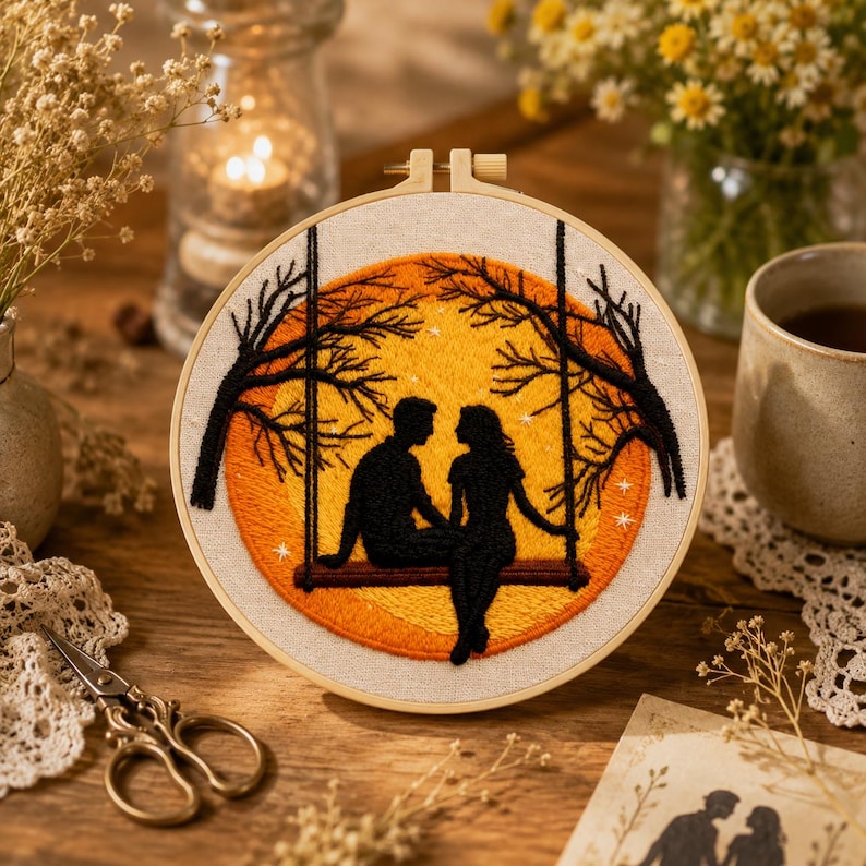 Couple moon embroidery hoop and fabric