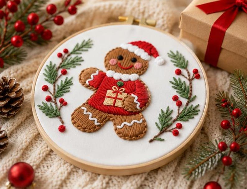 Gingerbread christmas embroidery kit pre-printed pattern