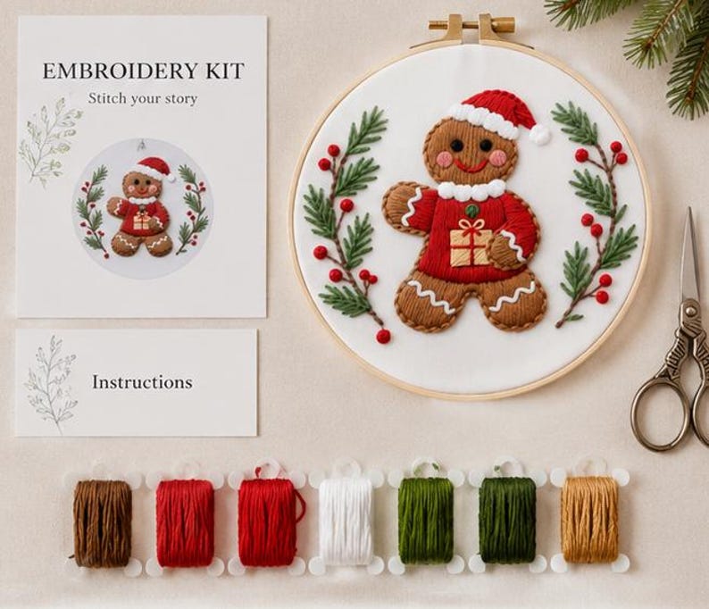 Gingerbread christmas embroidery kit hooped and displayed