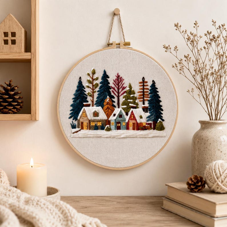 Scandinavian winter village embroidery kit contents and materials