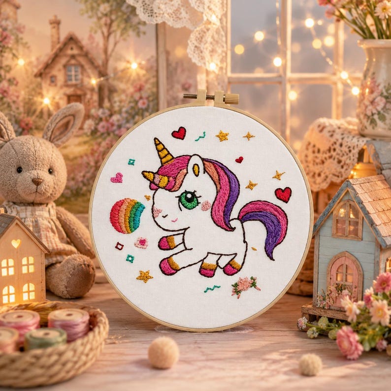 Rainbow unicorn embroidery kit finished hoop art