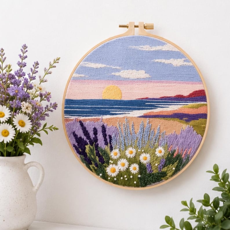 Lavender coast embroidery kit contents and hoop