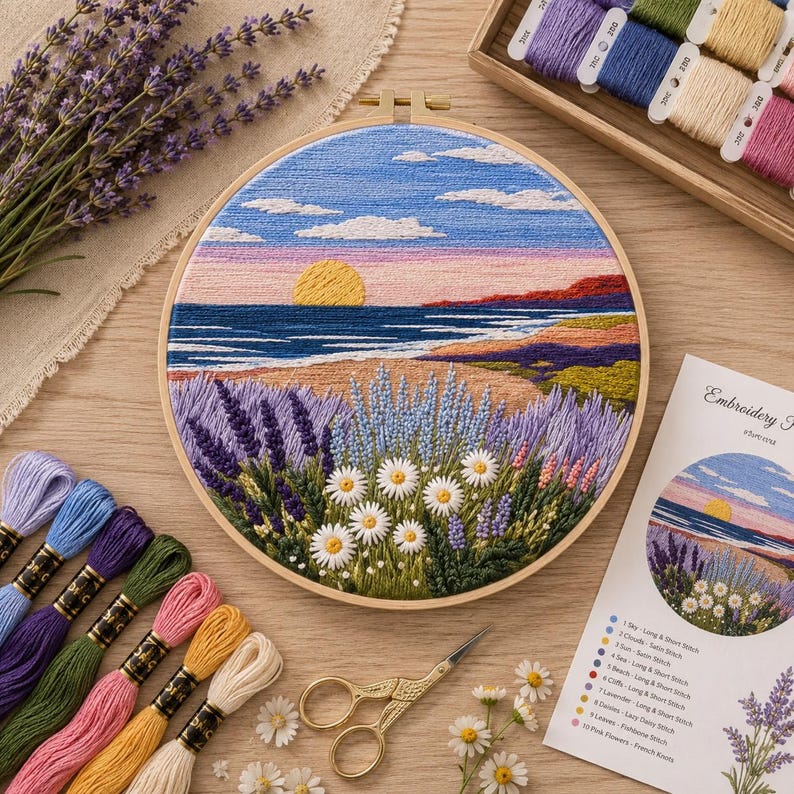 Lavender coast embroidery kit stitching close-up
