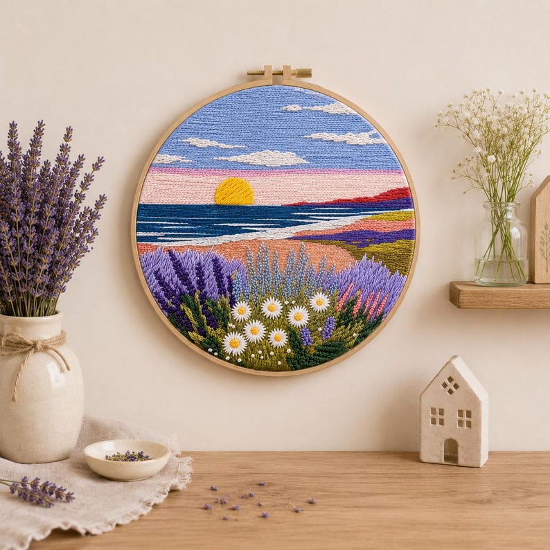 Lavender coast embroidery kit thread and supplies