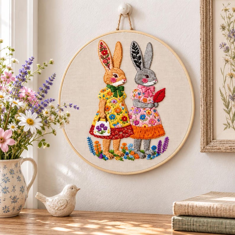 Floral bunny embroidery kit styled spring decor