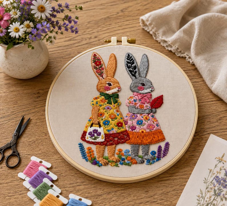 Floral bunny embroidery kit close up stitching