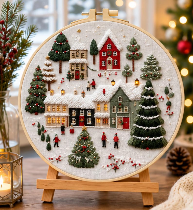 Winter village embroidery kit finished snowy cottage design
