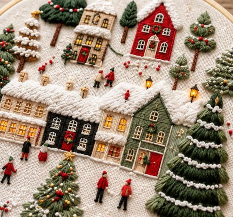 Winter village embroidery kit contents and materials