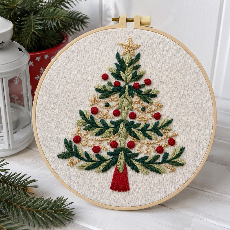 Christmas tree embroidery kit hooped and displayed
