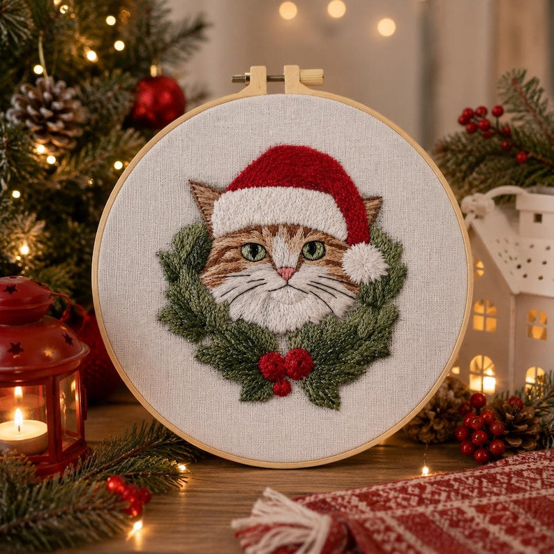 Christmas cat embroidery kit finished Santa hat cat cross stitch