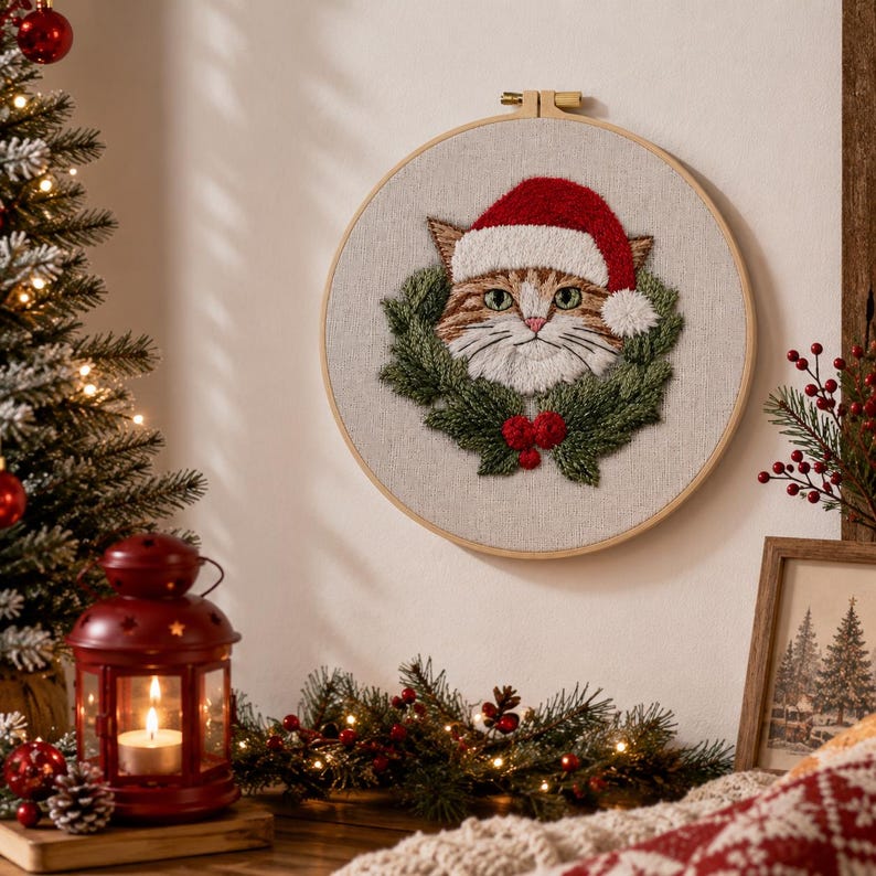 Christmas cat embroidery kit contents with hoop and floss
