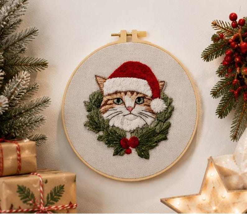 Christmas cat embroidery kit finished piece in hoop