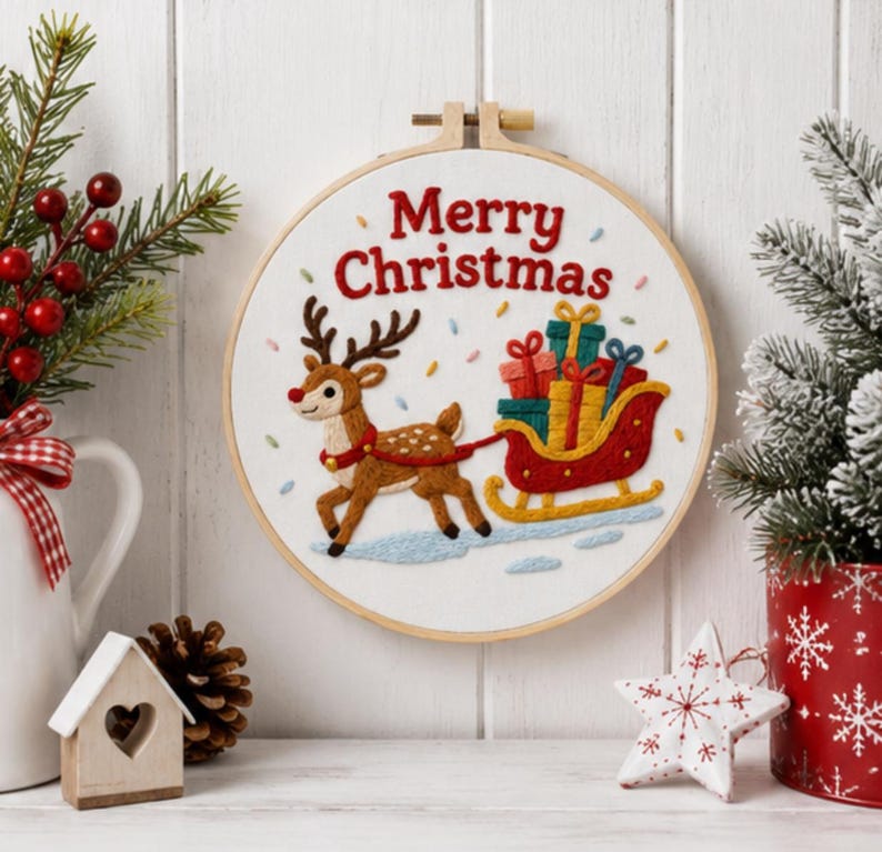 Christmas Reindeer Embroidery Kit, Merry Christmas Cross Stitch Kit for Beginners, Santa Sleigh DIY 