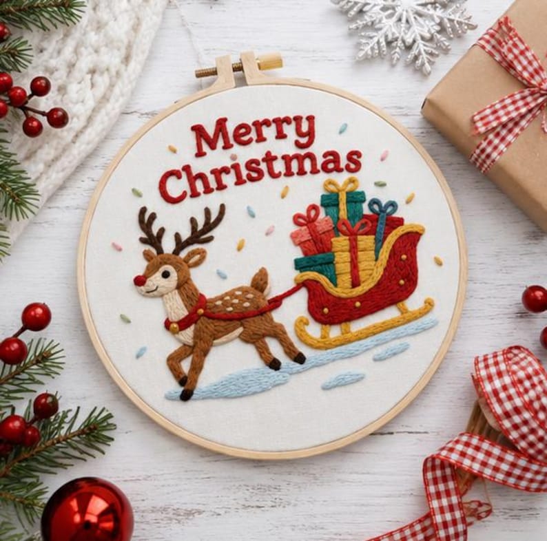 Christmas Reindeer Embroidery Kit, Merry Christmas Cross Stitch Kit for Beginners, Santa Sleigh DIY 
