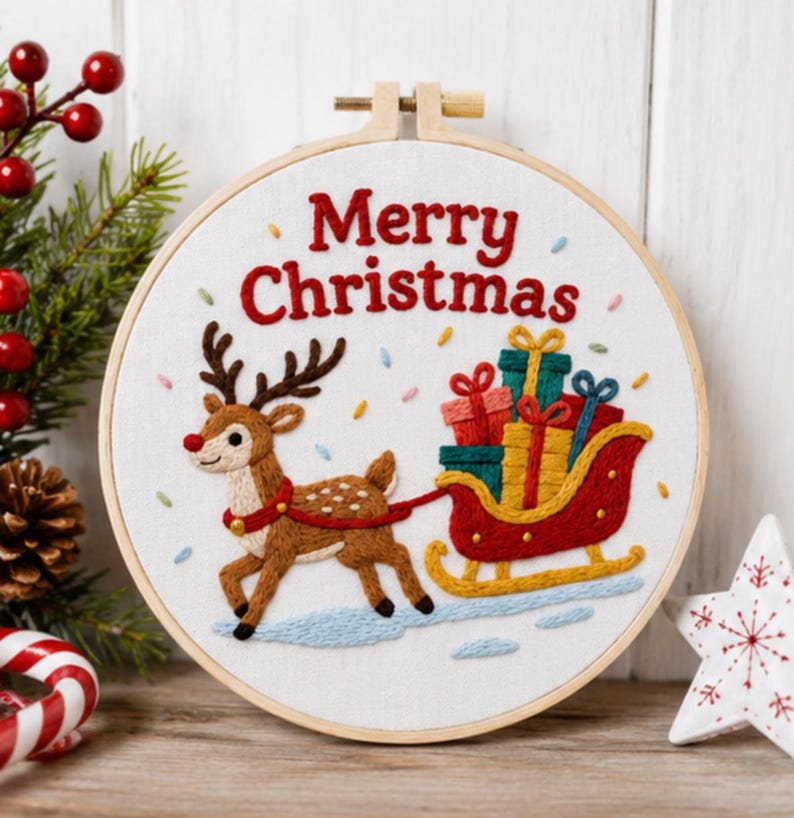 Christmas reindeer embroidery kit contents with hoop and floss
