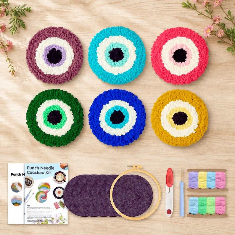 Punch Needle Kit, DIY Evil Eye Coaster Kit, Beginner Embroidery Kit, Set of 6 Nazar Coasters, Boho C