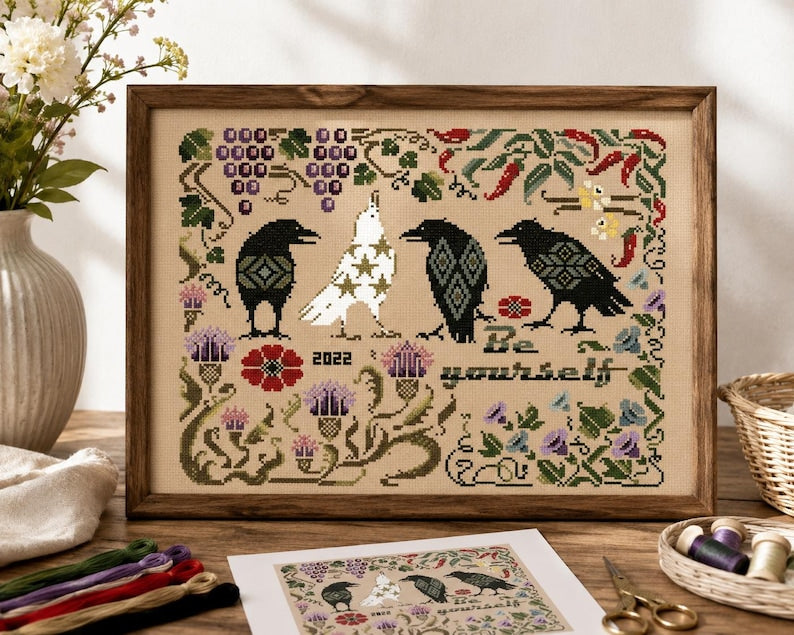Cross Stitch Kit, Raven Embroidery Kit, Gothic Sampler Pattern, Primitive Folk Art, Counted Cross St