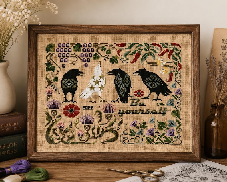 Cross Stitch Kit, Raven Embroidery Kit, Gothic Sampler Pattern, Primitive Folk Art, Counted Cross St