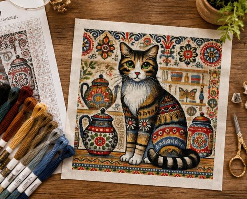 Folk Art Cat Cross Stitch Kit, Stamped Cross Stitch Kit, Vintage Cat Embroidery, Colorful Needlework