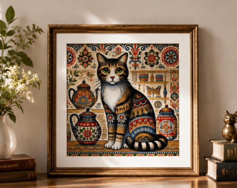 Folk Art Cat Cross Stitch Kit, Stamped Cross Stitch Kit, Vintage Cat Embroidery, Colorful Needlework