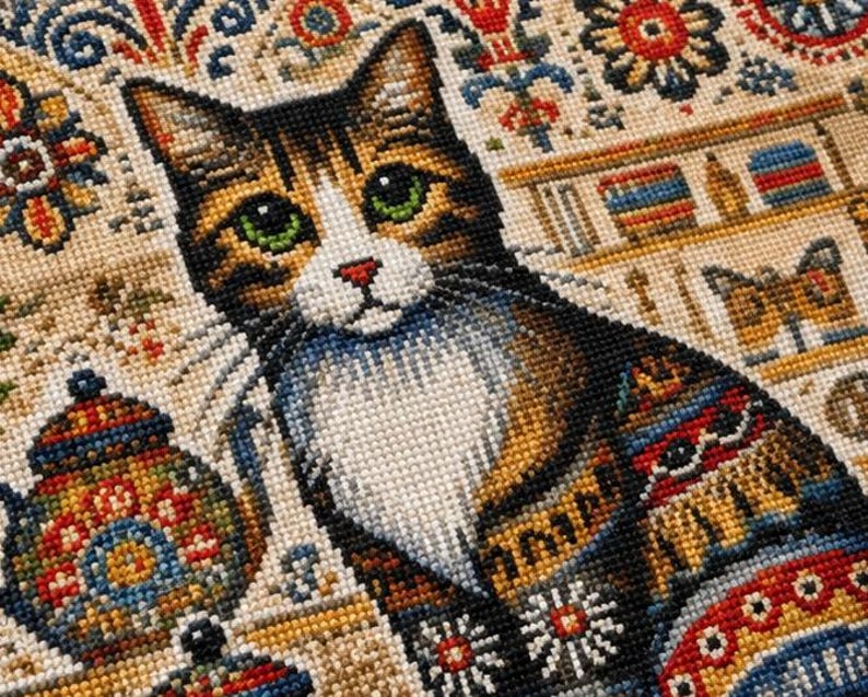 Folk Art Cat Cross Stitch Kit, Stamped Cross Stitch Kit, Vintage Cat Embroidery, Colorful Needlework