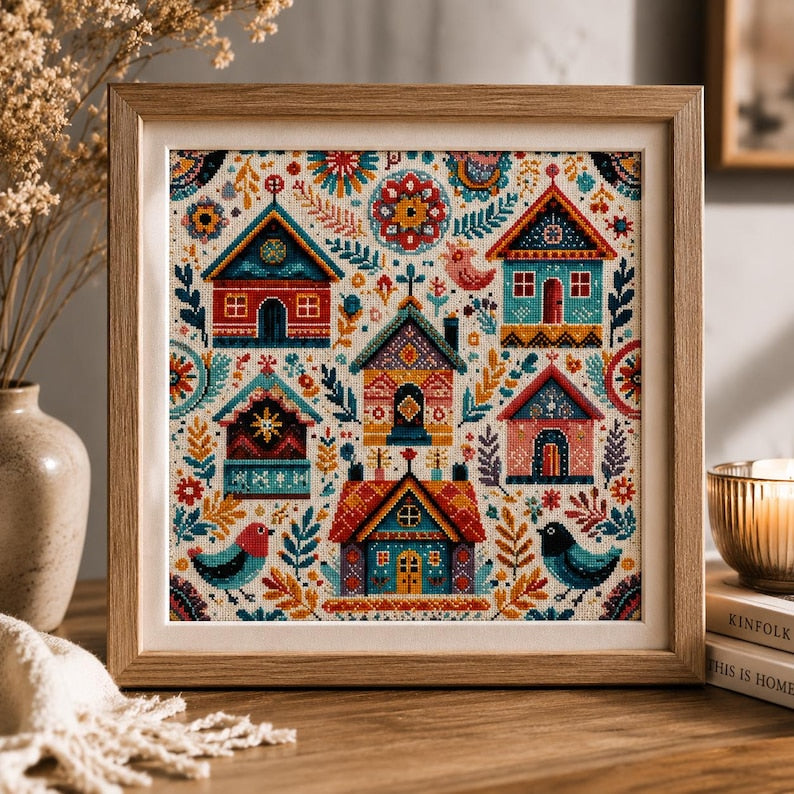 Village Cross Stitch Kit, Cottagecore Embroidery Kit, Folk Art Houses, Bird Needlework DIY Gift
