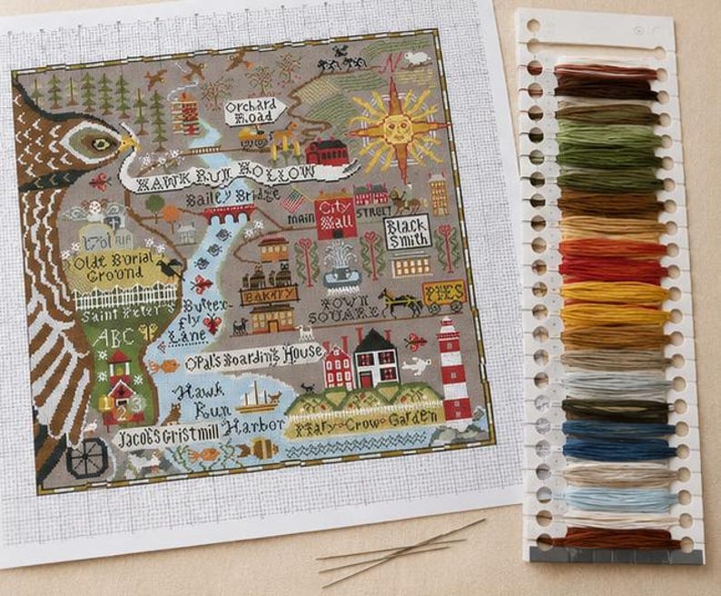 Primitive Americana Cross Stitch Kit, Hawk Run Hollow Folk Sampler, Vintage Map Embroidery