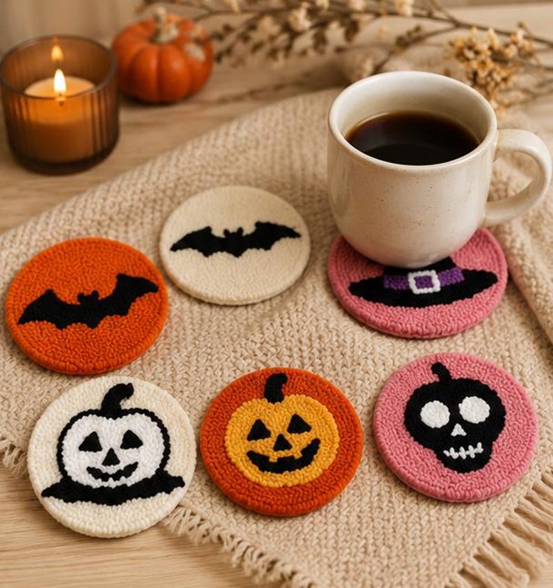 Halloween Punch Needle Coaster Kit, Pumpkin, Bat & Witch Hat DIY Coasters, 6-Piece Punch Needle Embr