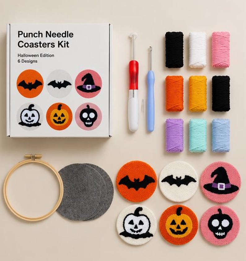 Halloween Punch Needle Coaster Kit, Pumpkin, Bat & Witch Hat DIY Coasters, 6-Piece Punch Needle Embr