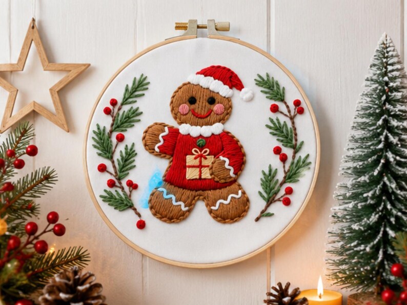 Gingerbread christmas embroidery kit contents and materials