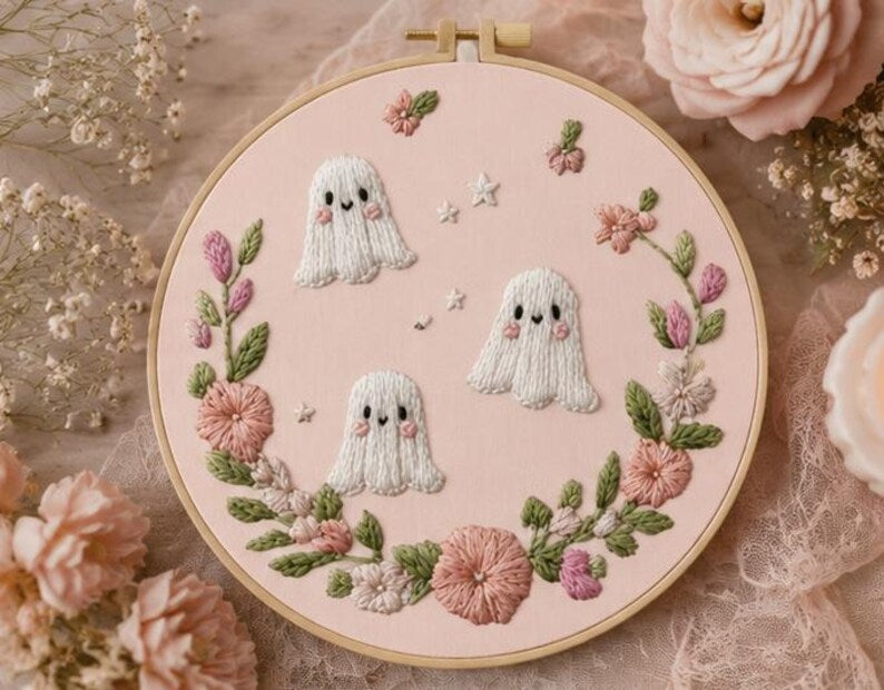 Close up detail of floral ghost embroidery stitching