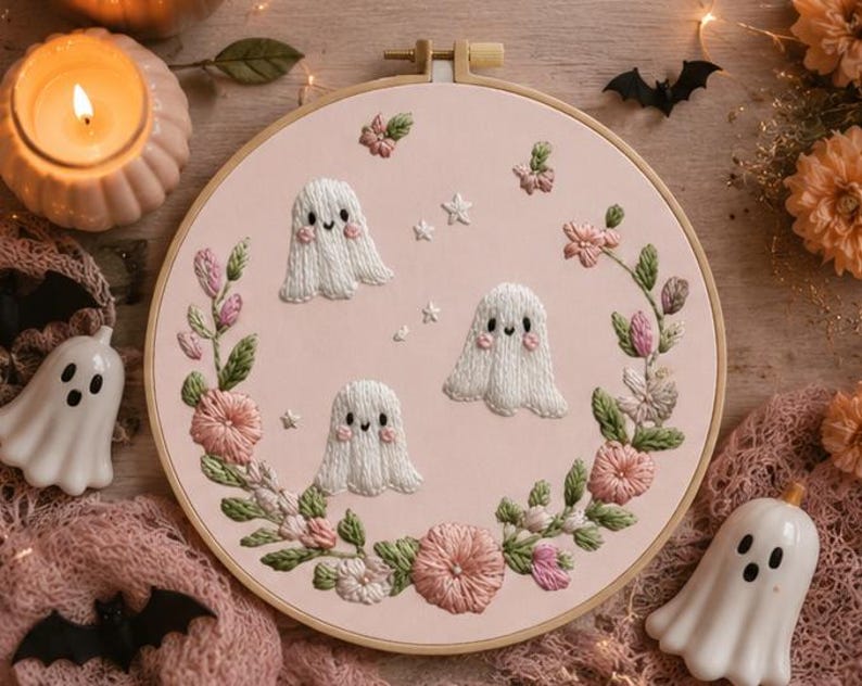 Floral ghost embroidery hoop displayed as Halloween wall decor