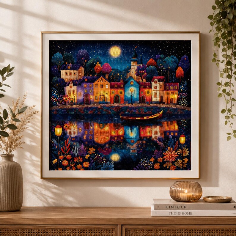 Fantasy Village Cross Stitch Kit, Stamped Cross Stitch Kit, Colorful Lakeside Embroidery, Night Land