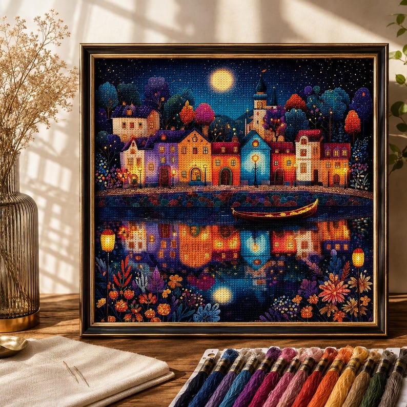 Fantasy Village Cross Stitch Kit, Stamped Cross Stitch Kit, Colorful Lakeside Embroidery, Night Land