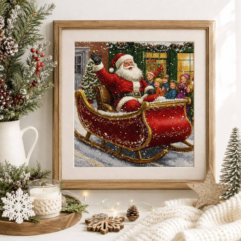 Santa Claus Cross Stitch Kit, Christmas Embroidery Kit, Stamped Needlework Kit, Winter DIY Decor, 40