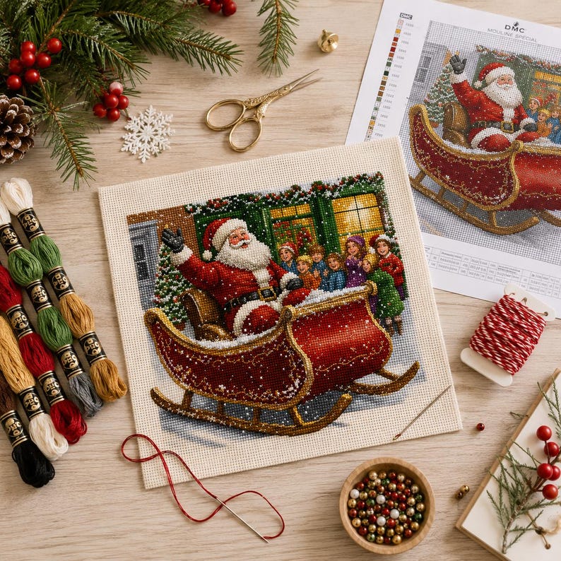 Santa Claus Cross Stitch Kit, Christmas Embroidery Kit, Stamped Needlework Kit, Winter DIY Decor, 40