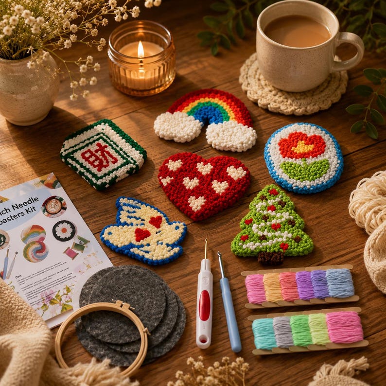 Punch Needle Coaster Kit, 6 DIY Embroidery Coasters, Beginner Punch Needle Kit, Colorful Yarn Craft 