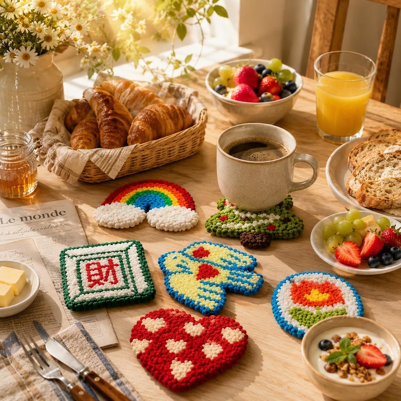 Punch Needle Coaster Kit, 6 DIY Embroidery Coasters, Beginner Punch Needle Kit, Colorful Yarn Craft 