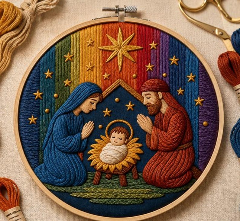 Nativity Embroidery Kit, Christmas Embroidery Kit for Adults, Holy Family Needlework, DIY Christian 