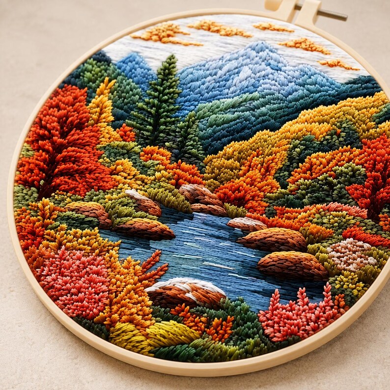 3D autumn mountain embroidery kit contents