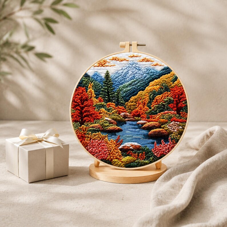 3D autumn mountain embroidery kit close-up