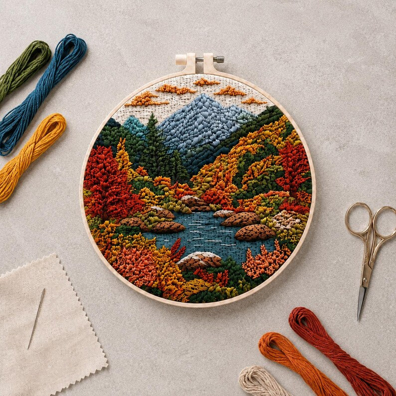 3D autumn mountain embroidery kit hoop display