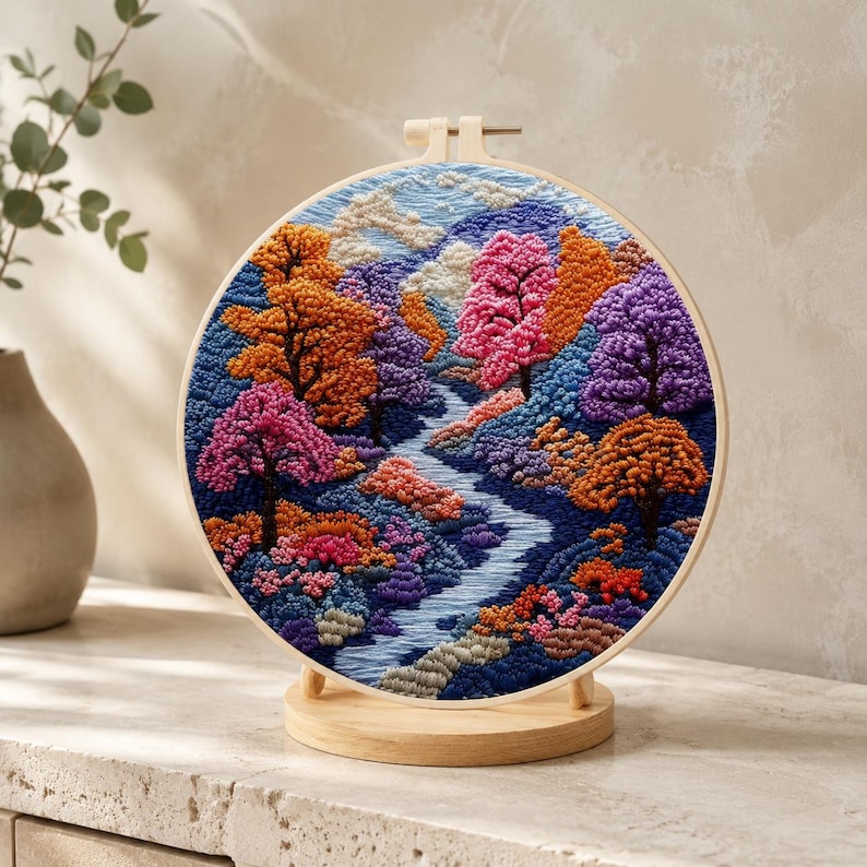 3D forest river embroidery kit finished hoop art