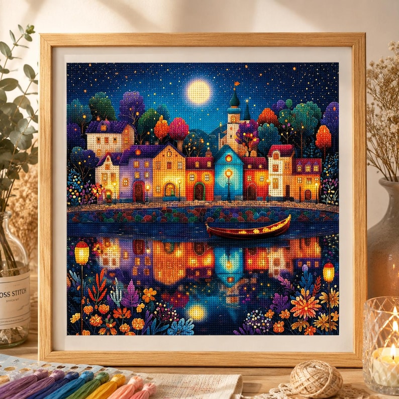 Fantasy Village Cross Stitch Kit, Stamped Cross Stitch Kit, Colorful Lakeside Embroidery, Night Land