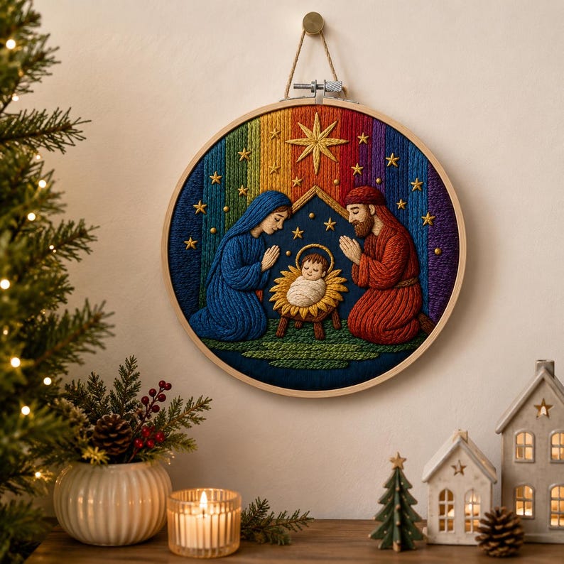 Nativity embroidery kit contents and materials