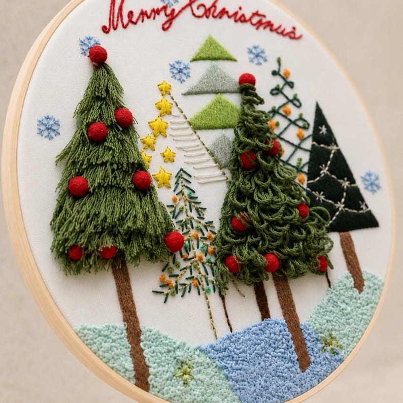 Christmas Tree Embroidery Kit for Beginners, Winter Forest DIY Needlework Set, 20 cm Holiday Craft G