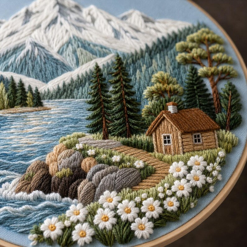 Mountain lake cabin embroidery kit texture detail