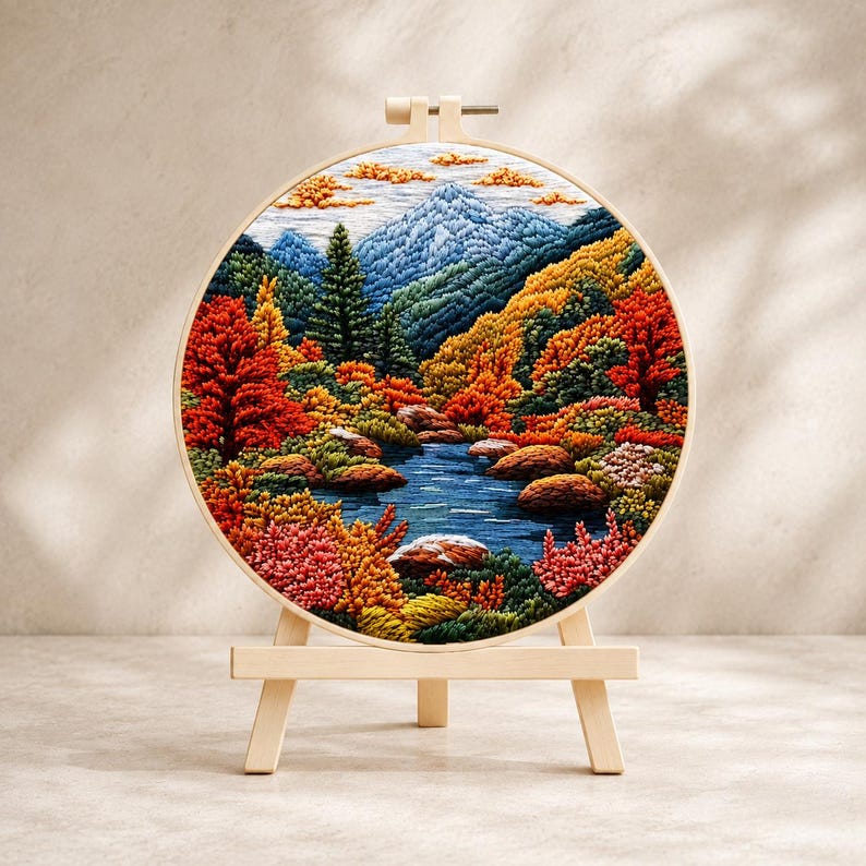 3D autumn mountain embroidery kit finished hoop art