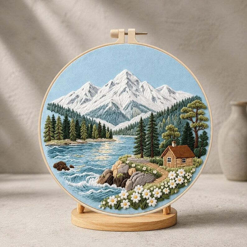 Mountain lake cabin embroidery kit contents
